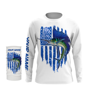 Sailfish fishing blue American flag patriotic fishing jersey UV protection Customize name long sleeves UPF 30+ gift for fisherman NQS2353