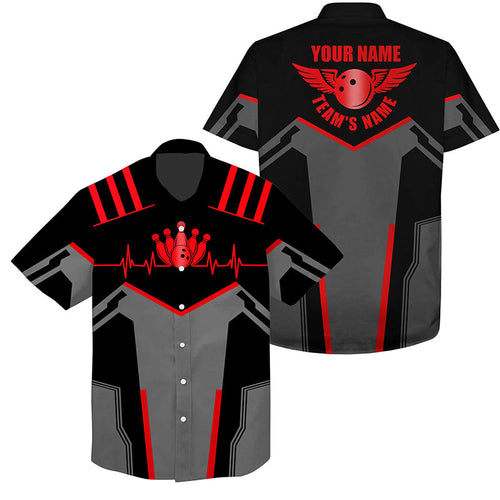 Bowling Hawaiian Shirt custom name and team name Bowling Ball and Pins, team bowling shirts | Red NQS4529