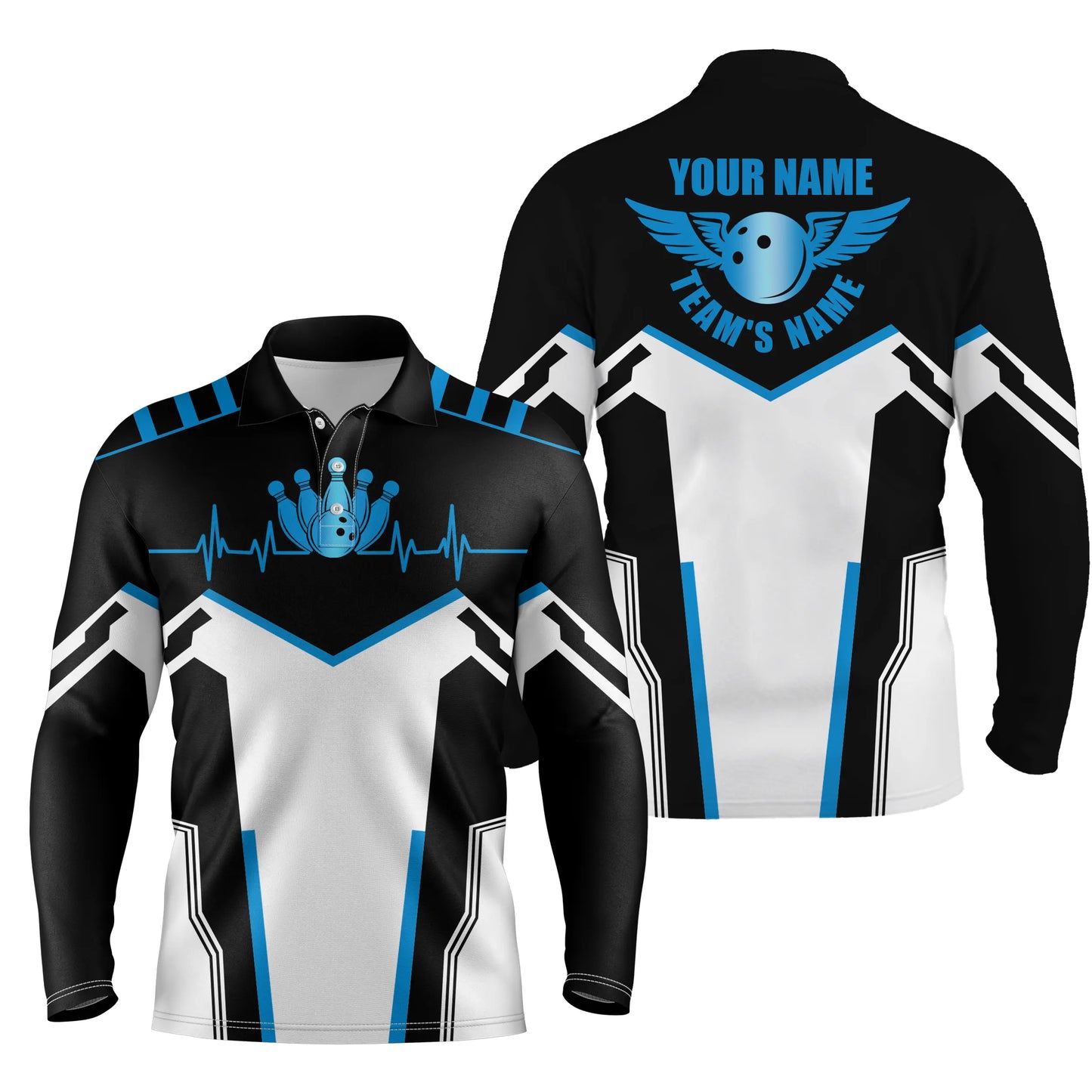Black white personalized bowling shirt for men – custom name design side view