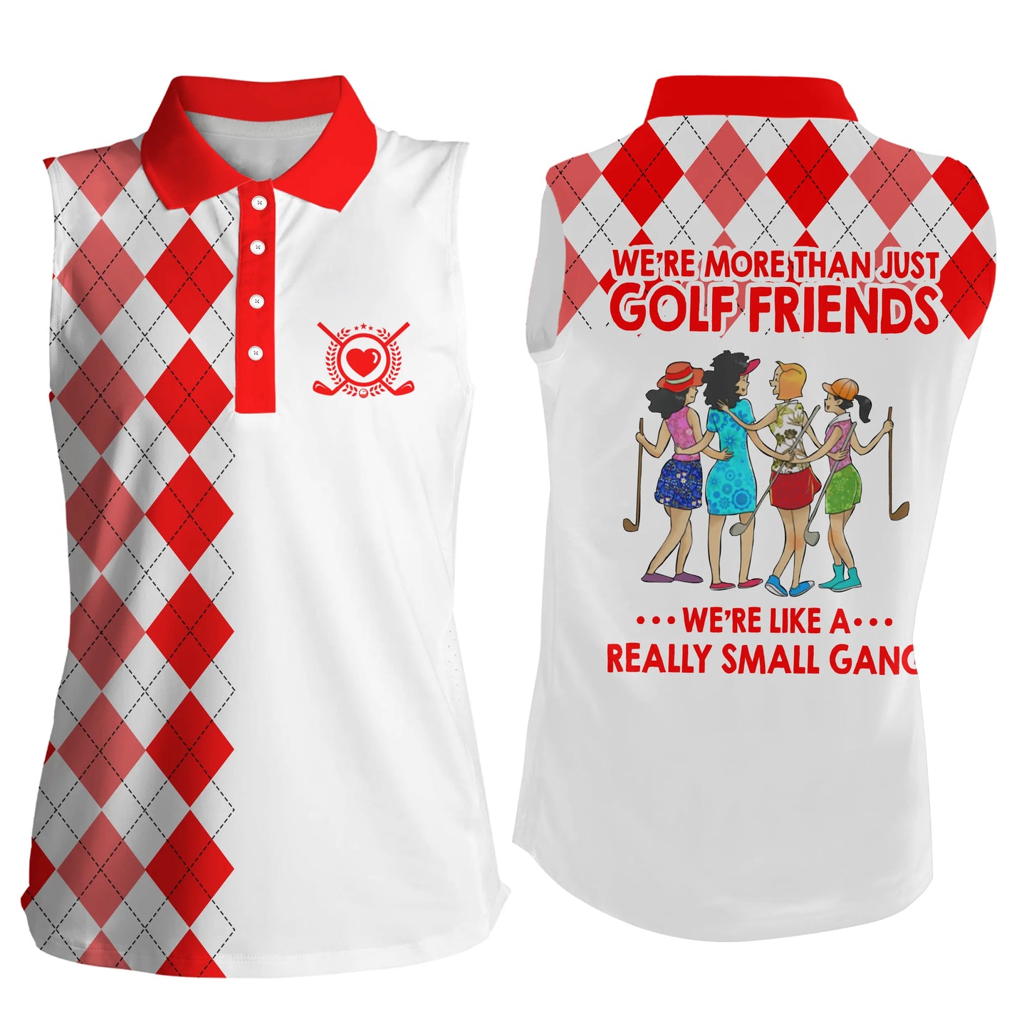 Womens sleeveless polo shirts multi-color argyle plaid we're more than golf friends we're small gang NQS4904