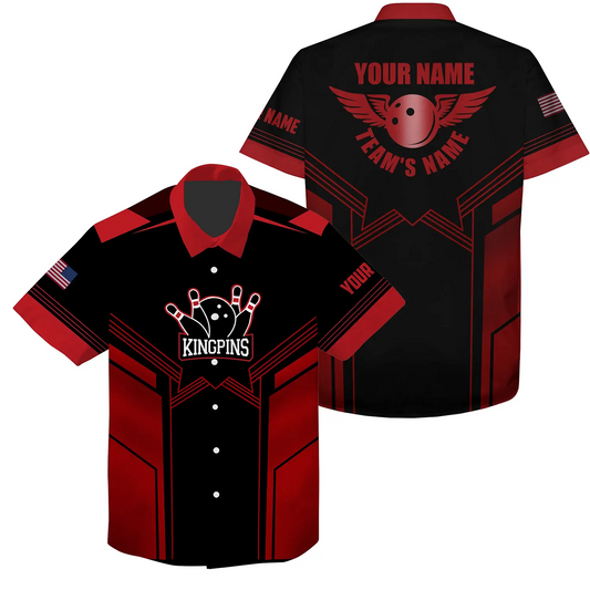 Custom Red black Hawaiian bowling shirt for men – personalized team jersey front view