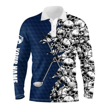 Load image into Gallery viewer, Mens long sleeve golf tops polo blue pattern skull golf clubs custom name golf performance shirts NQS3460