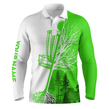 Load image into Gallery viewer, Mens disc golf polo shirt custom name green and white disc golf basket, personalized disc golf shirts NQS4545