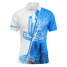 Load image into Gallery viewer, Mens disc golf polo shirt custom name blue and white disc golf basket, personalized disc golf shirts NQS4546