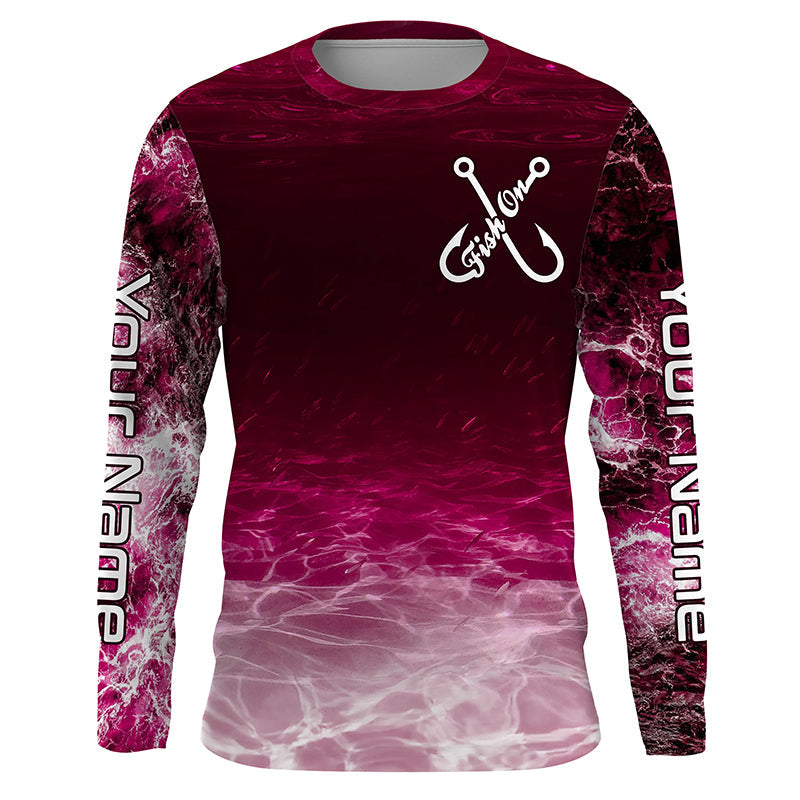 Fish on pink sea water camo Custom Name performance long sleeve fishing shirts uv protection NQS7040