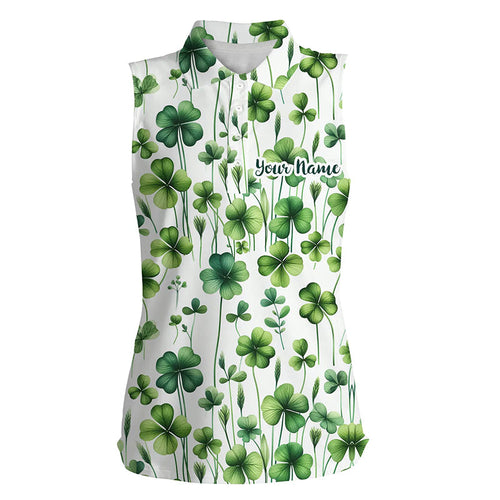 Womens Sleeveless golf polos shirts custom Green clover St Patrick's Day pattern golf polos NQS7048