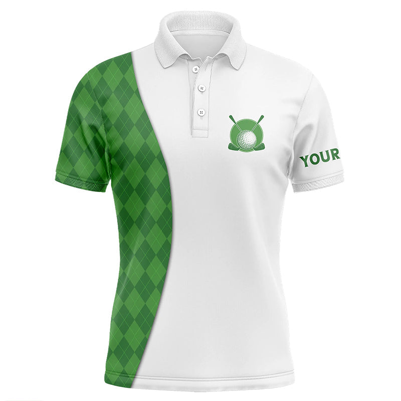 White Mens golf polo shirts custom green argyle plaid pattern golf tops, best mens golf wear NQS7291
