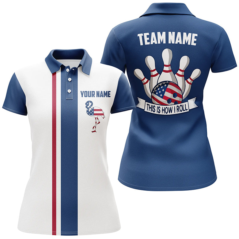 Red white and blue Retro Bowling Polo shirt For women custom American flag flamingo bowling jerseys NQS6872