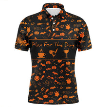 Load image into Gallery viewer, Black orange Halloween background custom Mens golf polo shirts plan for the day coffee golf wine NQS6396