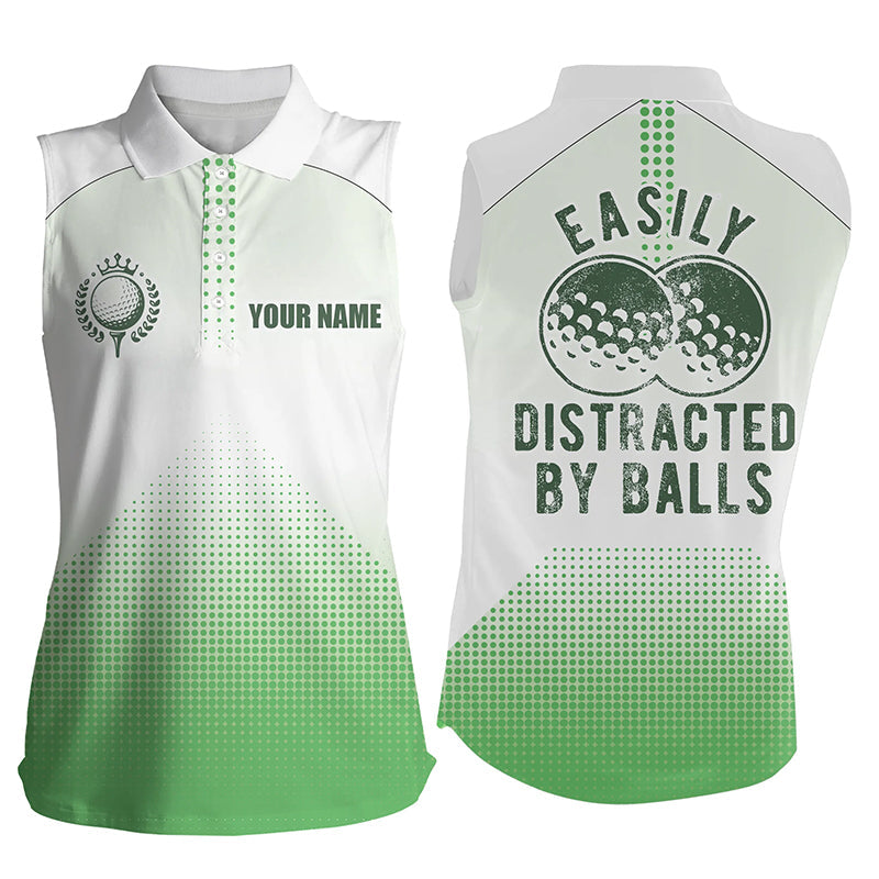 White Green Womens sleeveless golf polos custom Easily distracted by balls funny golf tops for ladies NQS6625