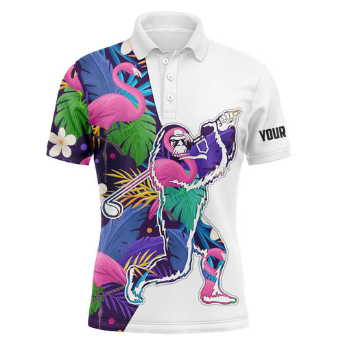 Funny Bigfoot Golf polo shirts colorful tropical flamingo custom sasquatch playing golf apparel NQS5267