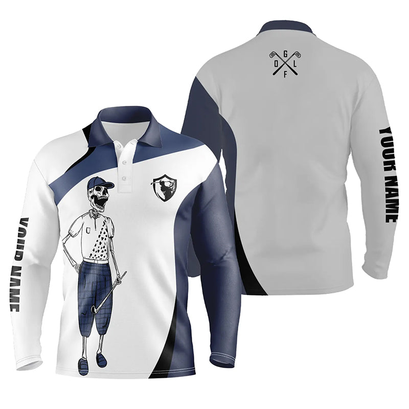 Blue and white Mens golf polos shirts custom name funny golf skull golf shirt, golfing gift for him NQS5276