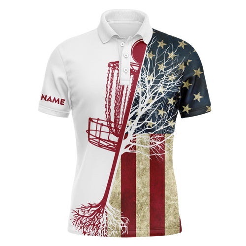 Mens disc golf polo shirt custom vintage American flag disc golf basket, personalized disc golf shirts NQS4740