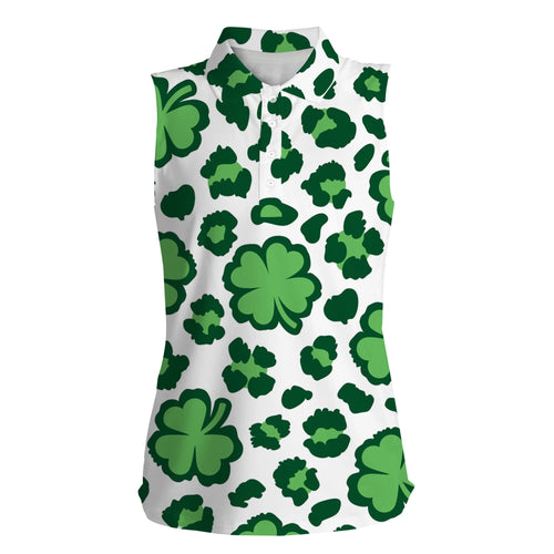Funny Womens sleeveless polo shirt clover leopard pattern St Patrick's Day golfing gifts NQS4743