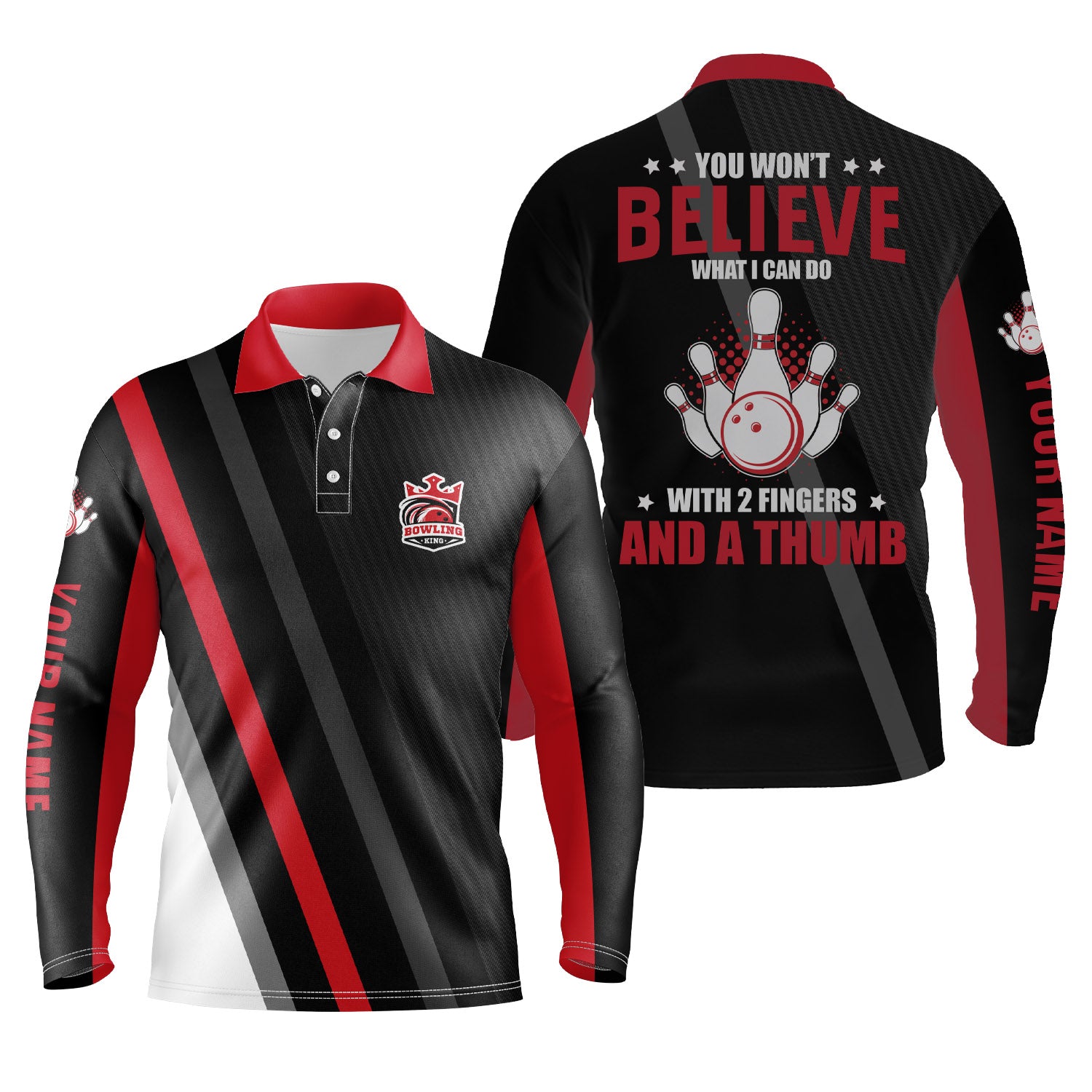 Red black personalized bowling shirt for bowling – custom name design side view