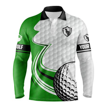 Load image into Gallery viewer, Green &amp; white golf ball long sleeve upf golf polo shirts custom name golf gifts for men NQS3485