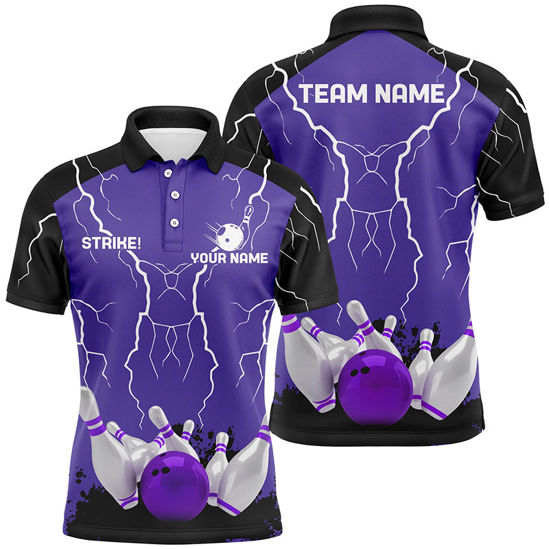 Mens polo bowling shirt Custom bowling strike lightning storm thunder team league jersey | Purple NQS6645