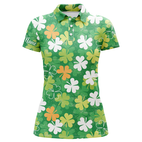 Womens golf polo shirt green clover pattern custom name St. Patrick's Day pattern ladies golf shirt NQS4749