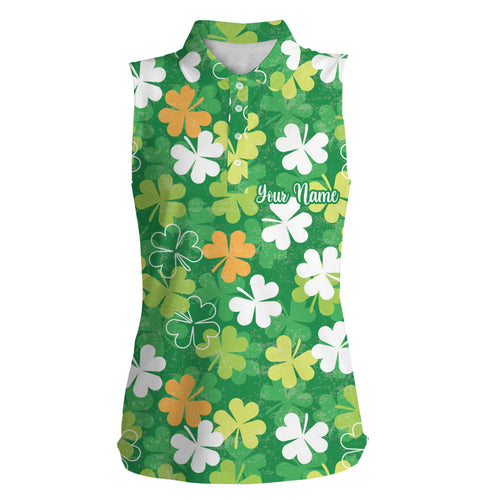 Womens sleeveless polo shirt green clover custom name St. Patrick's Day pattern ladies golf shirt NQS4749