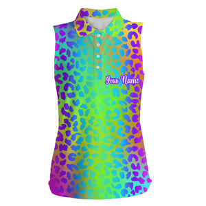 Womens sleeveless polo shirt neon rainbow leopard print custom pattern golf shirt, women golf top NQS4750