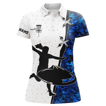 Load image into Gallery viewer, Womens disc golf polo shirts custom name blue camouflage disc golf team shirts, disc golf gifts NQS7311