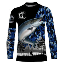 Load image into Gallery viewer, Chinook Salmon (King salmon) Fish blue camo Custom name performance anti UV long sleeve fishing shirts NQS3629