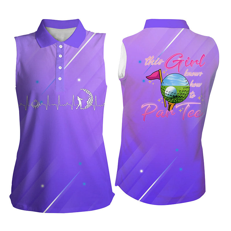 Purple gradient Womens sleeveless polo shirt this girl knows how to par tee, golf gifts fot girl NQS4387