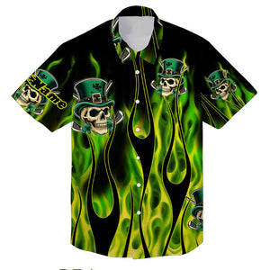 Button up shirts Hawaiian Shirt Green clover skull St Patrick's Day custom green fire apparel NQS7055