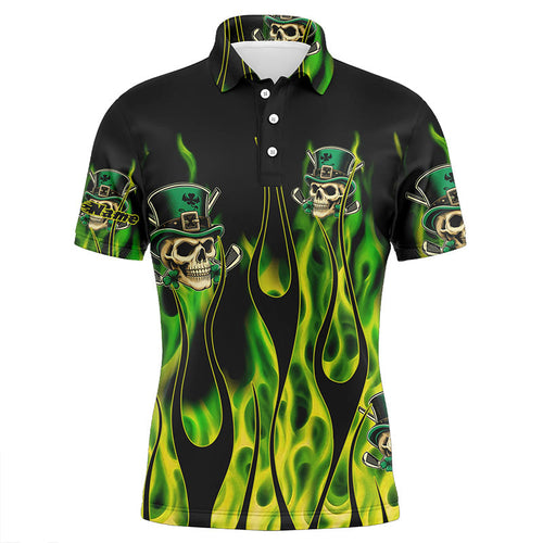 Mens golf polo shirts Green clover skull St Patrick's Day golf shirts custom green fire golf apparel NQS7055