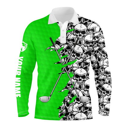 Mens short long sleeve golf tops polo green pattern skull golf clubs custom golf performance shirts NQS4758