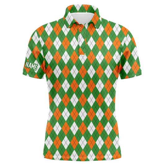 Mens golf polo shirts custom green, orange, white St. Patricks day Argyle plaid pattern golf shirts NQS4763