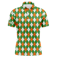 Load image into Gallery viewer, Mens golf polo shirts custom green, orange, white St. Patricks day Argyle plaid pattern golf shirts NQS4763