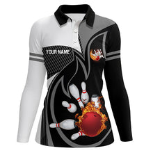Load image into Gallery viewer, Black and White Bowling polo Shirt for women Custom red flame team bowling ball and pins Jerseys NQS7172