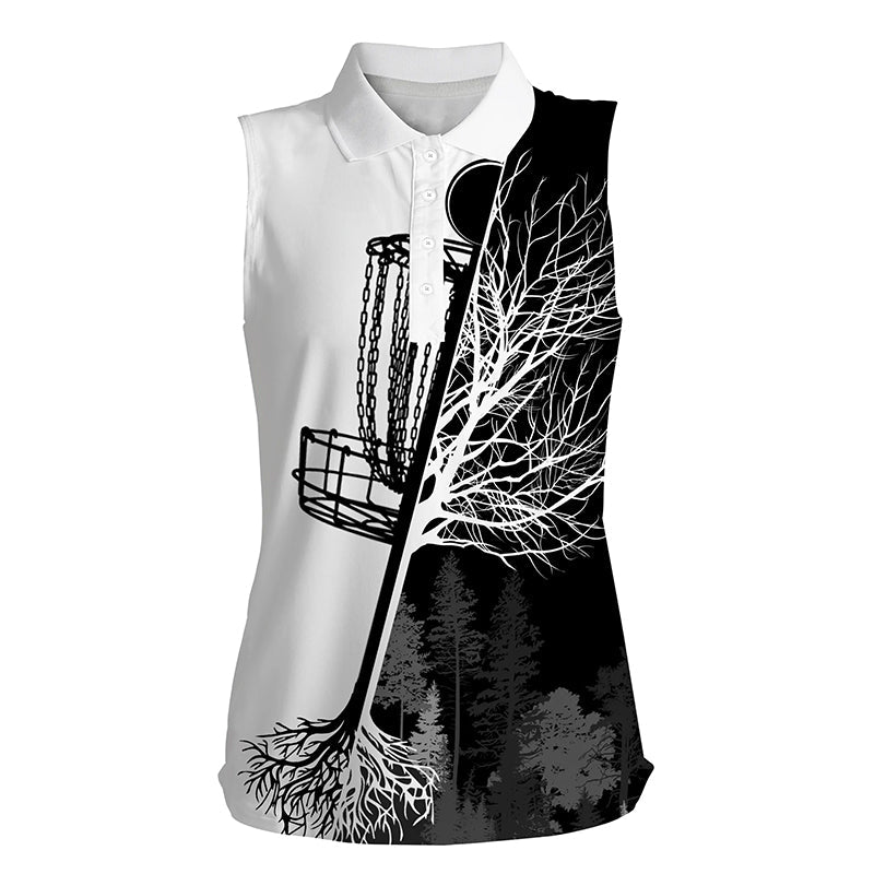 Womens disc golf sleeveless polo shirt black & white disc golf basket, personalized disc golf shirts NQS4395