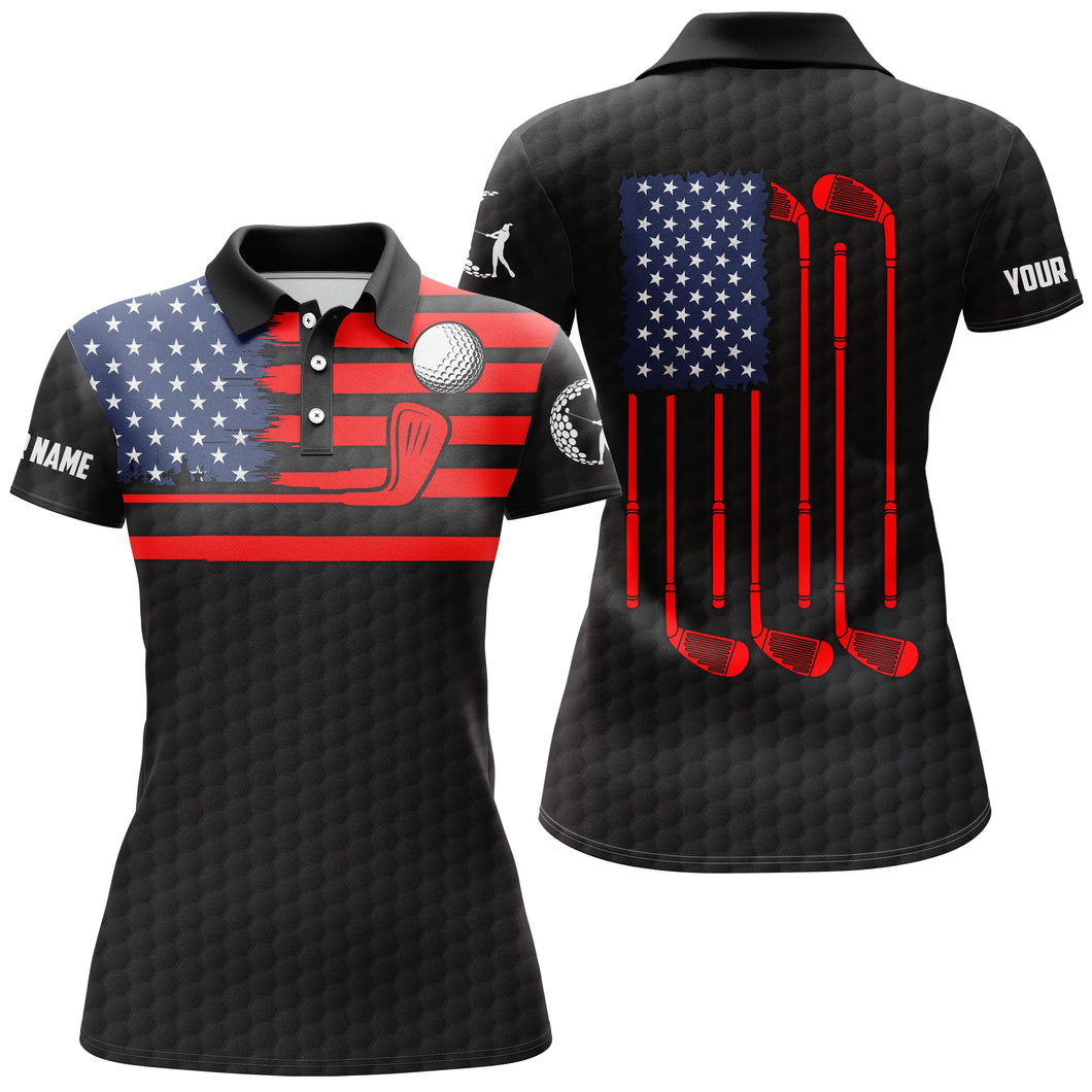 American flag patriotic womens golf polo shirt custom name black golf polo shirt, unique golf gifts NQS4765