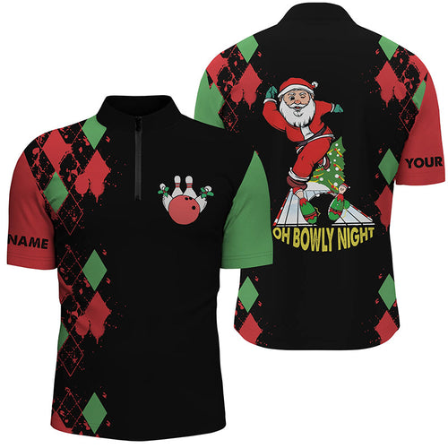 Men's bowling shirt Quarter Zip custom name funny Santa Christmas bowling shirts oh bowly night NQS4411