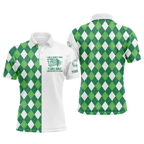 Mens golf polo shirts green argyle plaid custom I'm a simple man I like golf and believe in Jesus NQS5020