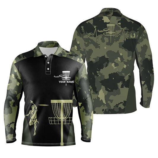 Mens disc golf polo shirt custom black camo disc golfers basket, personalized disc golf gifts NQS5314