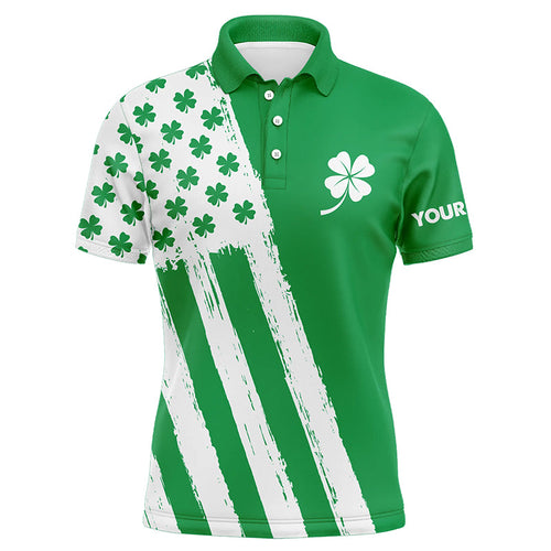 Mens golf polo shirt custom name green clover American flag St Patrick day golf shirts, golfing gifts NQS7068