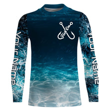 Load image into Gallery viewer, Fish on blue sea water camo Custom Name performance long sleeve fishing shirts uv protection NQS3652