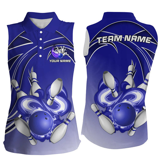 Women Bowling sleeveless Polos Custom Bowling ball pins Team league Jerseys, gifts for bowlers | Blue NQS7073