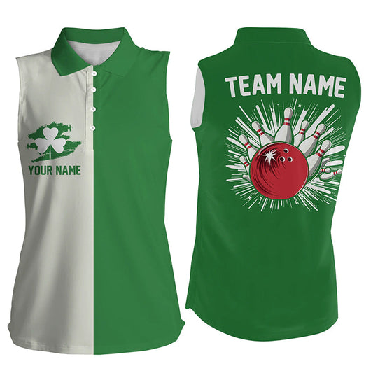 Green lucky clover retro women Bowling sleeveless polos custom St Patrick Day team bowling jerseys NQS7193