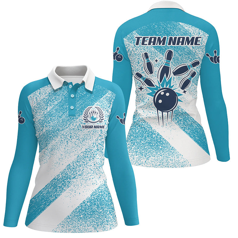 Personalized vintage retro Bowling Polo Shirts For Women custom bowling team League jerseys | Blue NQS6904