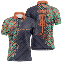 Load image into Gallery viewer, Mens disc golf polo shirt custom name Grunge Camo disc golf basket, personalized disc golf apparel NQS7200