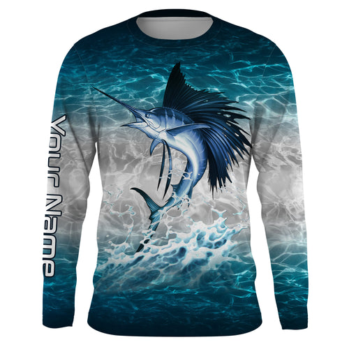 Sailfish fishing blue sea water camo Custom Name performance long sleeve fishing shirts uv protection NQS3663