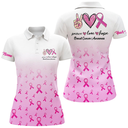 Pink ribbon white Women golf polo shirt custom Breast Cancer Awareness peace love hope golf outfit NQS6463