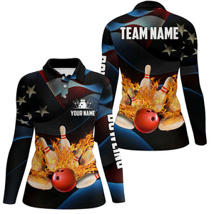 American flag black flame Bowling Polo Shirts For Women Custom Patriotic Bowling Team League Jerseys NQS6715