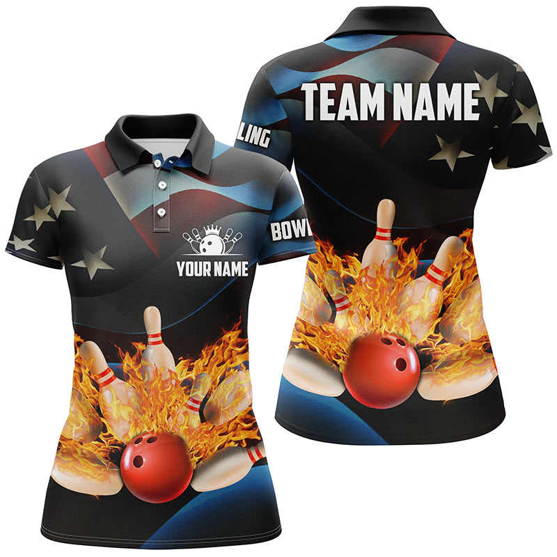 American flag black flame Bowling Polo Shirts For Women Custom Patriotic Bowling Team League Jerseys NQS6715