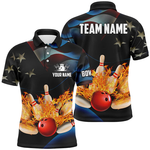 American flag black flame Bowling Polo Shirts For Men Custom Patriotic Bowling Team League Jerseys NQS6715