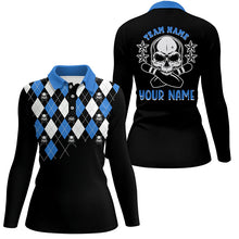 Load image into Gallery viewer, Black and blue argyle pattern bowling skull custom bowling polo shirts for women, bowling jerseys NQS6917